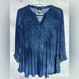 Cocomo Women’s Medium Tunic Blouse Shirt Top Blue V-Neck Roll Tab 3/4 Sleeve